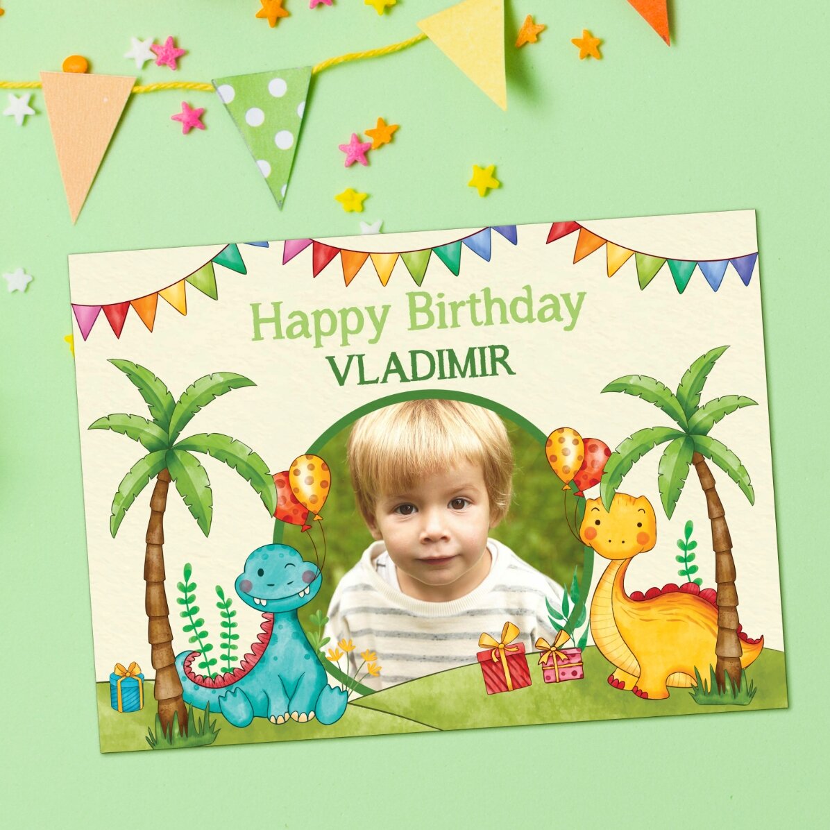 Felicitare magnetică personalizată cu o poză și mesaj pentru copii - Dinozauri
