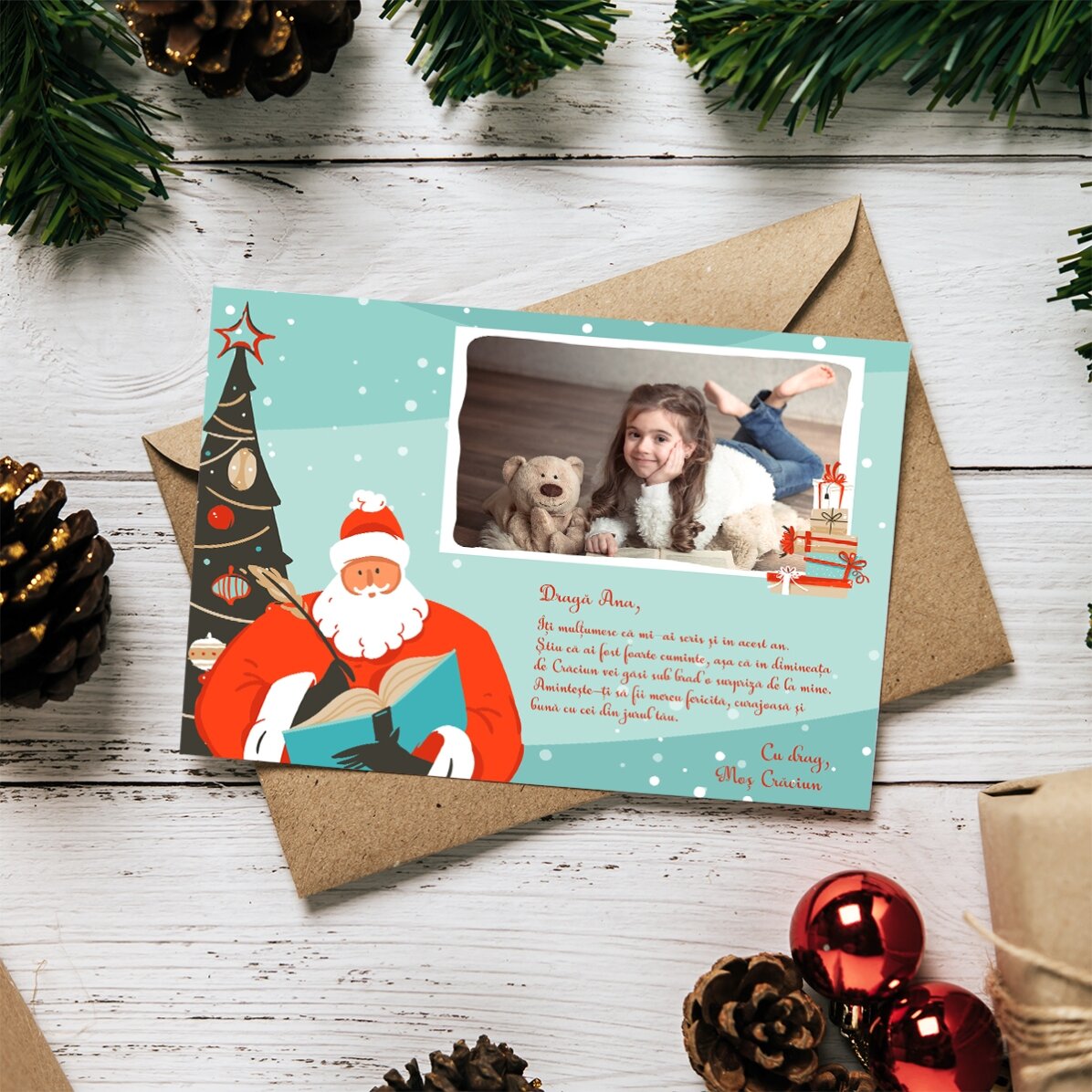 Felicitare magnetică personalizată cu o poză și mesaj - Scrisoare de la Moș Crăciun