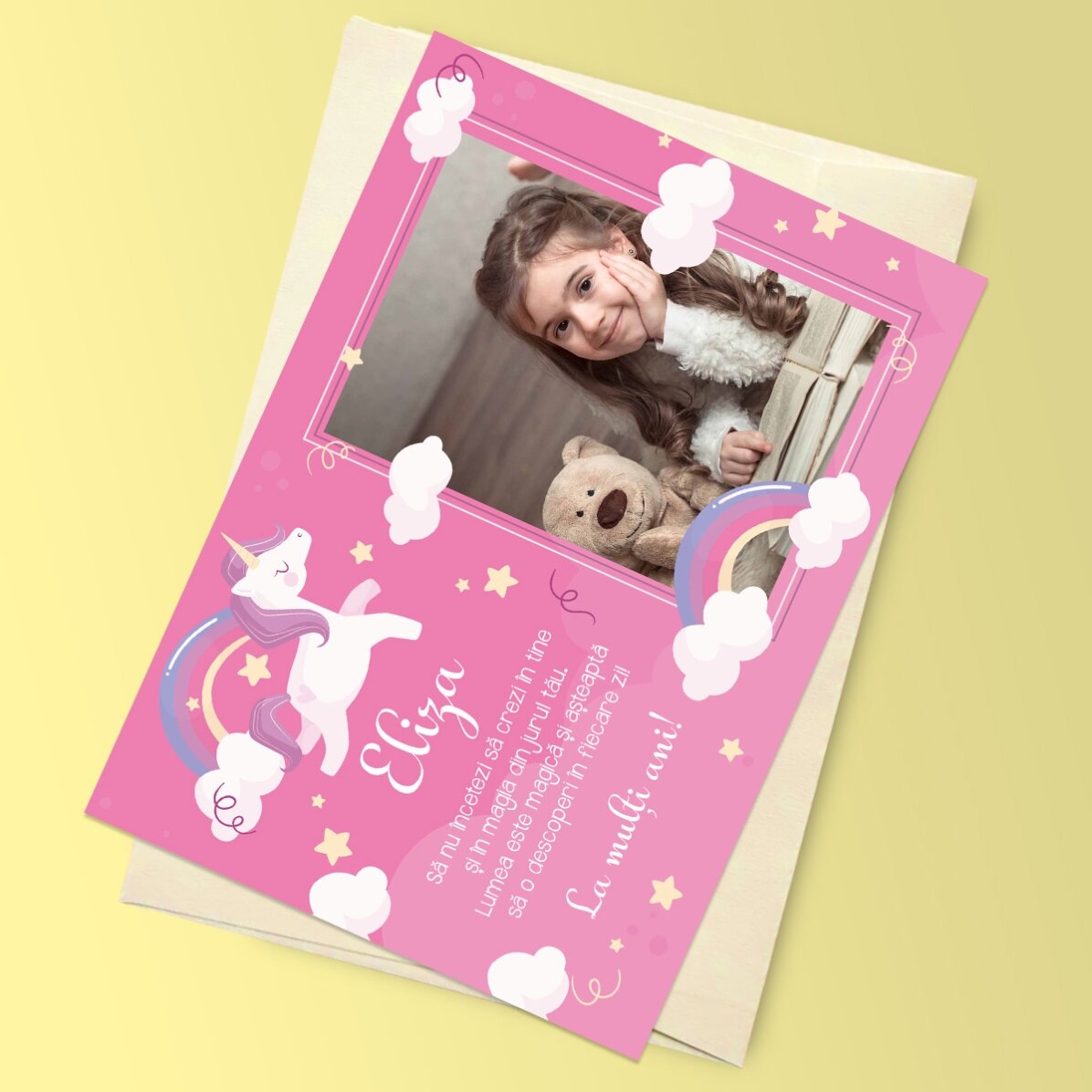 Felicitare magnetică personalizată cu o poză și mesaj pentru copii - Unicorn