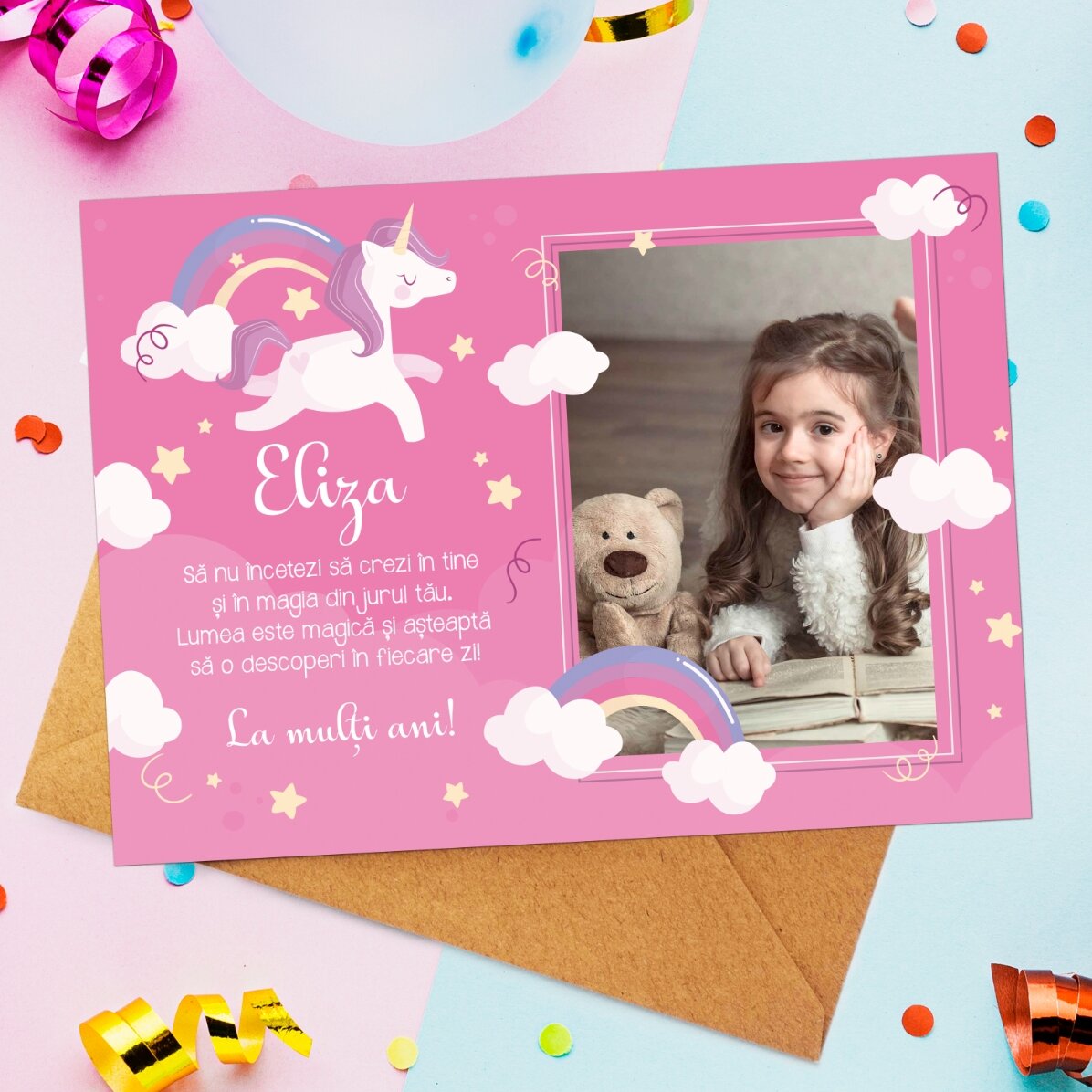 Felicitare magnetică personalizată cu o poză și mesaj pentru copii - Unicorn