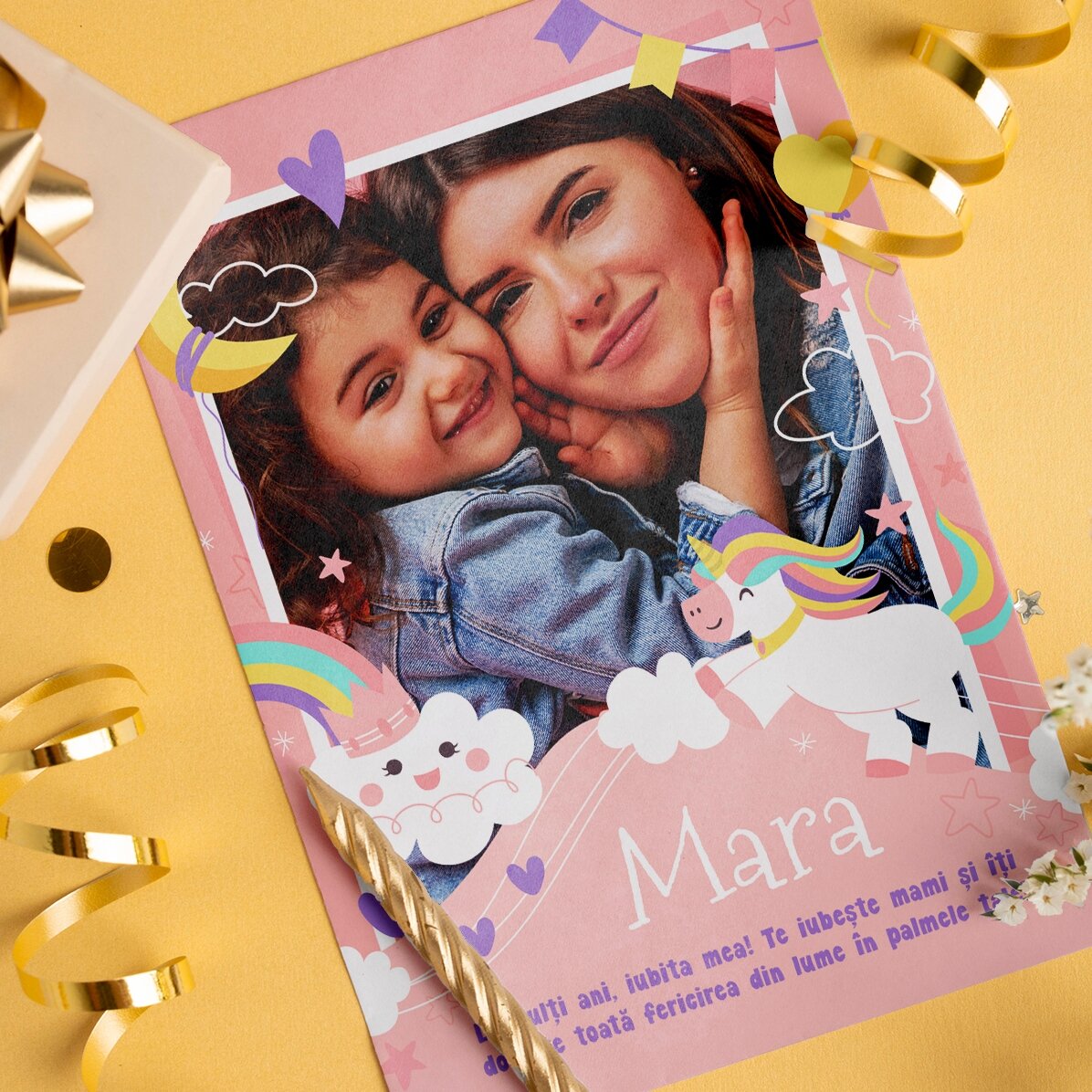 Felicitare magnetică personalizată cu o poză și text - Rainbows and unicorns