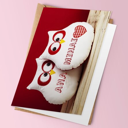 Felicitare personalizată bufnițe cu inimioară