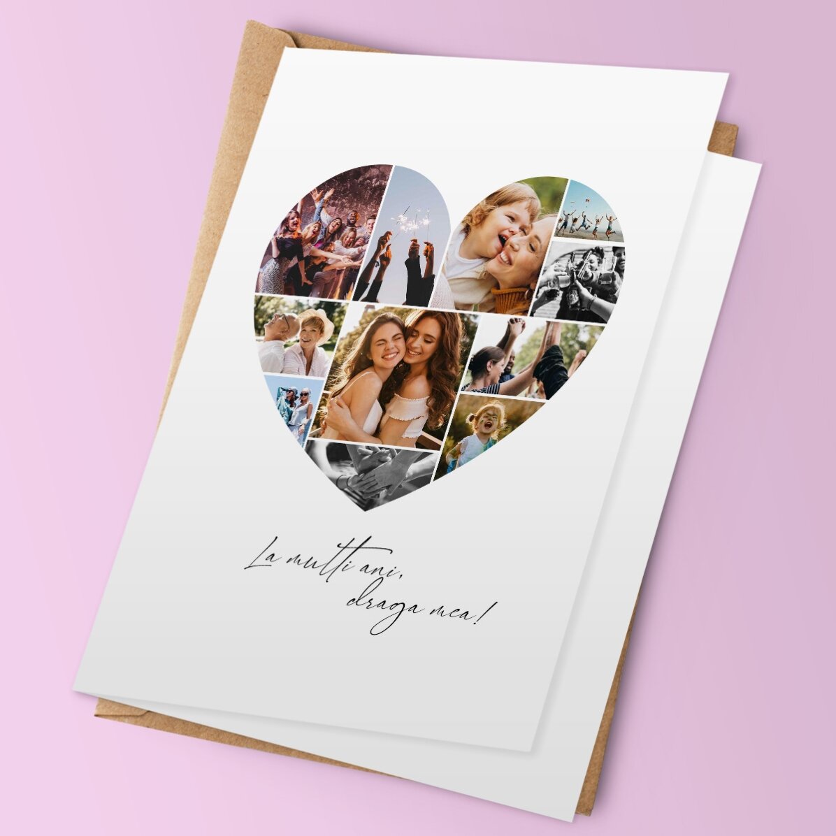 Felicitare personalizată cu 11 poze în formă de inimă