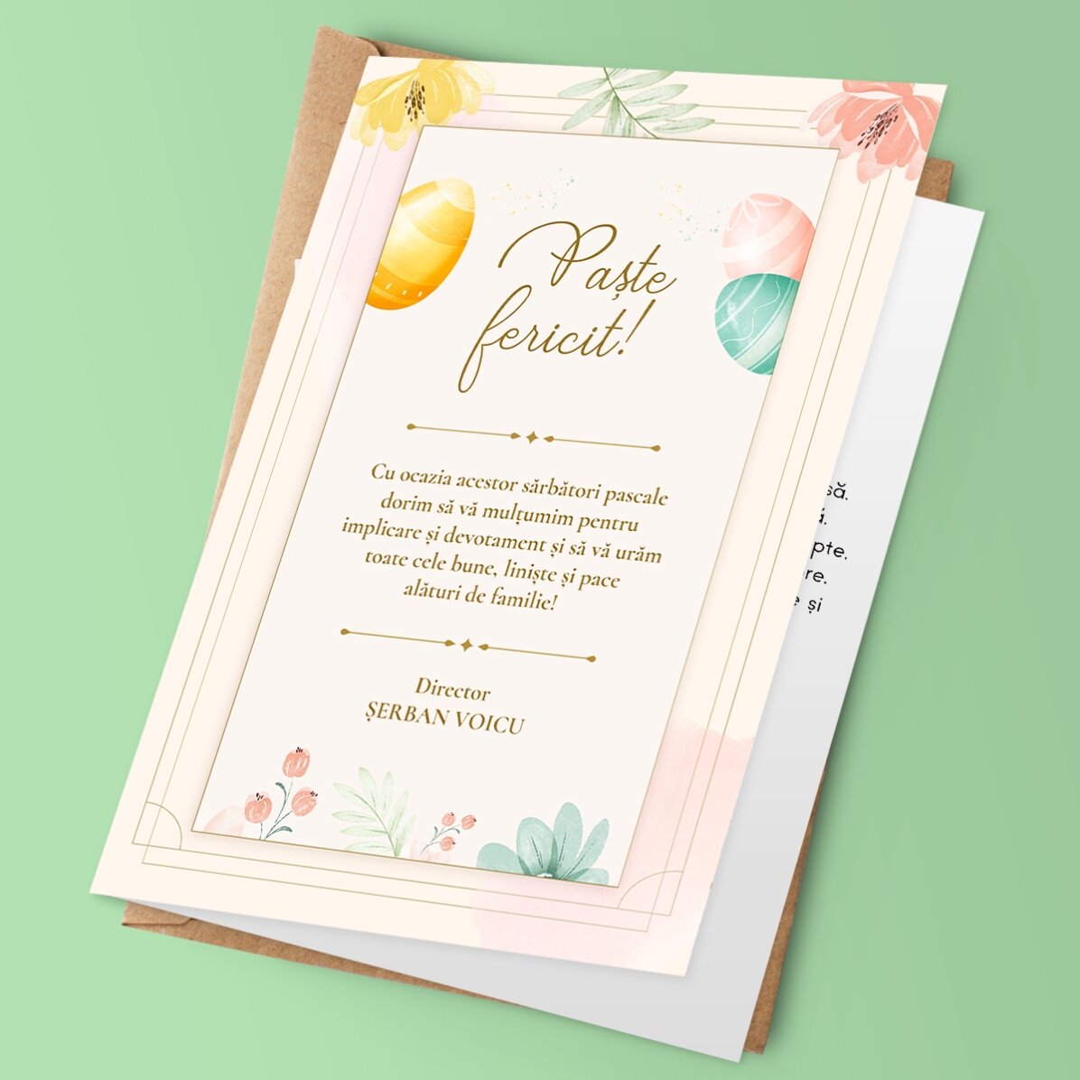 Felicitare personalizată cu logo și mesaj de Paște
