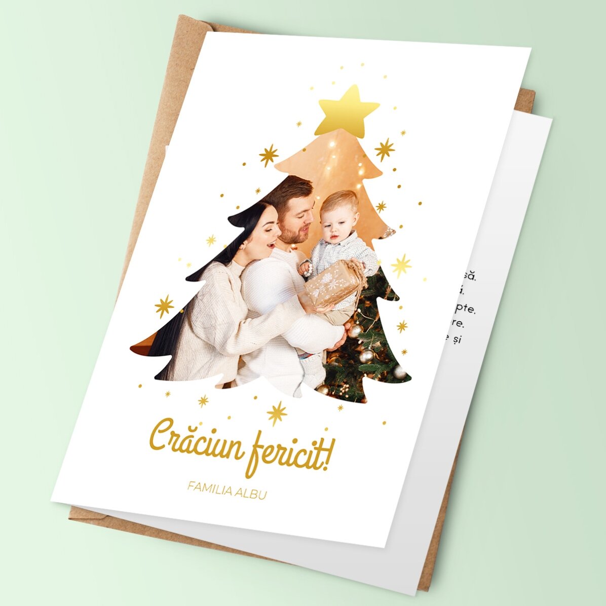 Felicitare personalizată cu poză de familie și mesaj - Brad de Crăciun