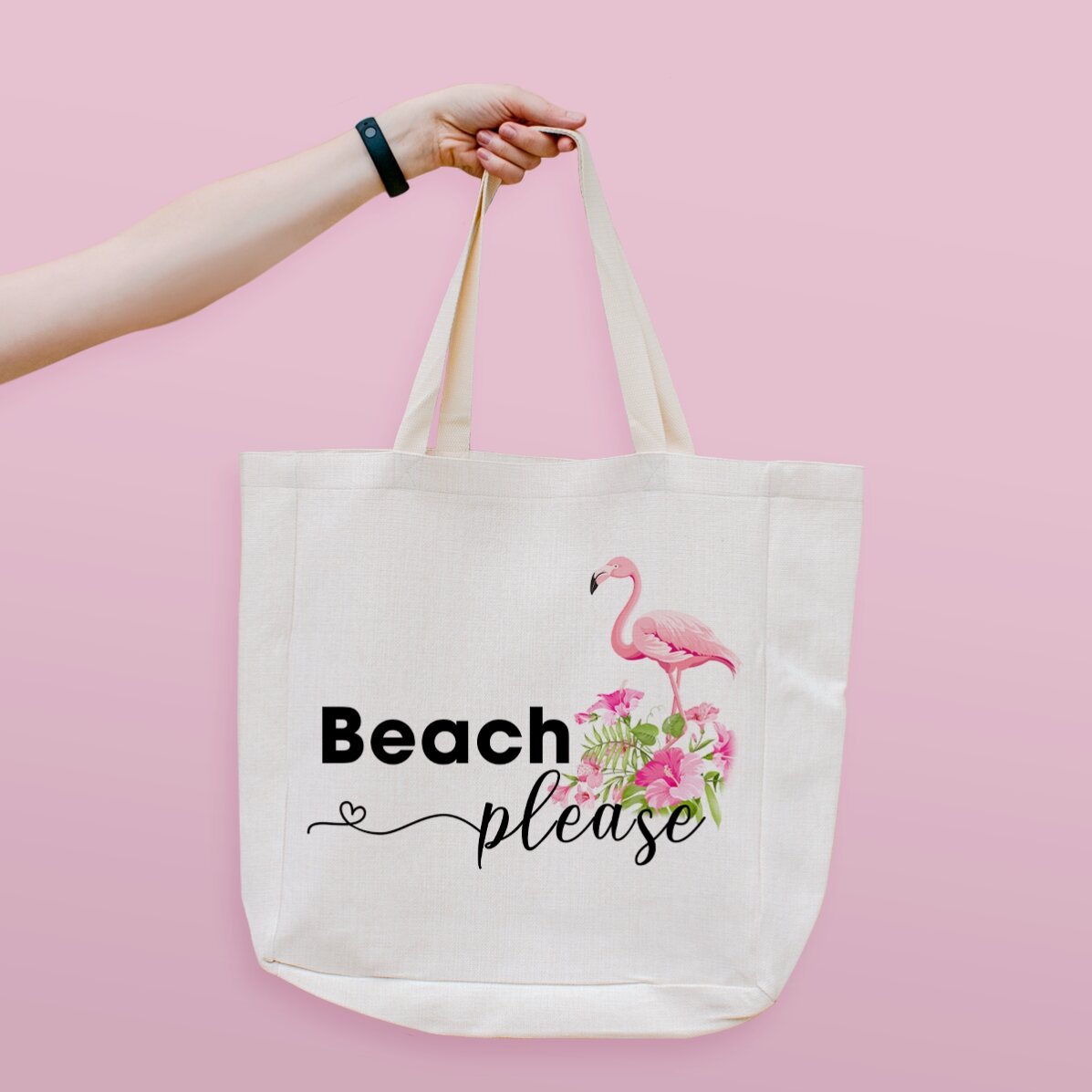 Geantă de plajă personalizată cu text - Beach please model flamingo
