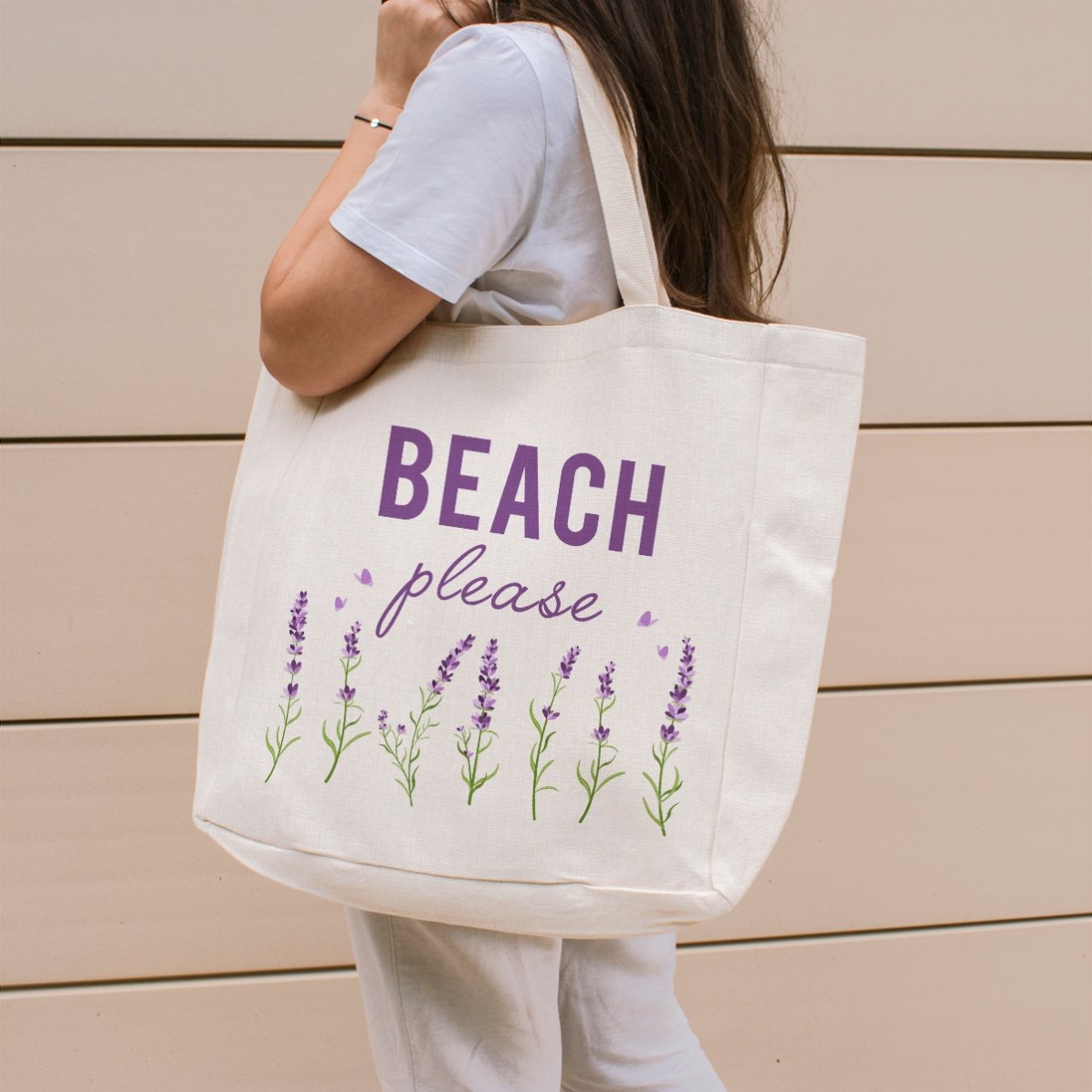 Geantă de plajă personalizată cu text - Beach please model lavandă