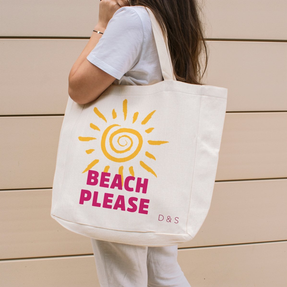 Geantă de plajă personalizată cu text - Beach please model soare