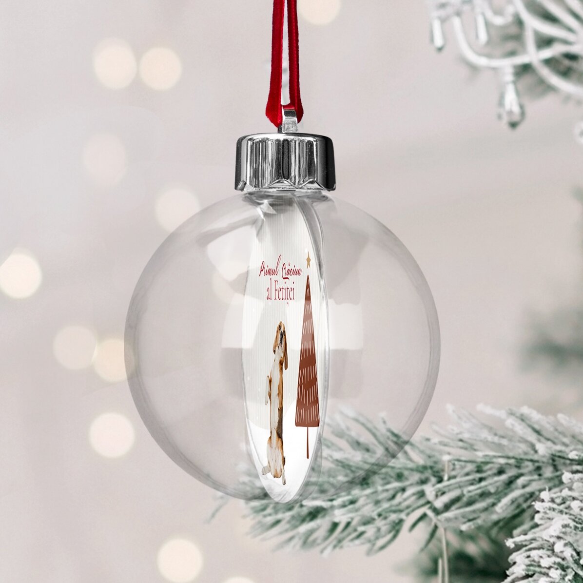 Glob transparent personalizat față-verso cu o poză și mesaj - Primul Crăciun blănos