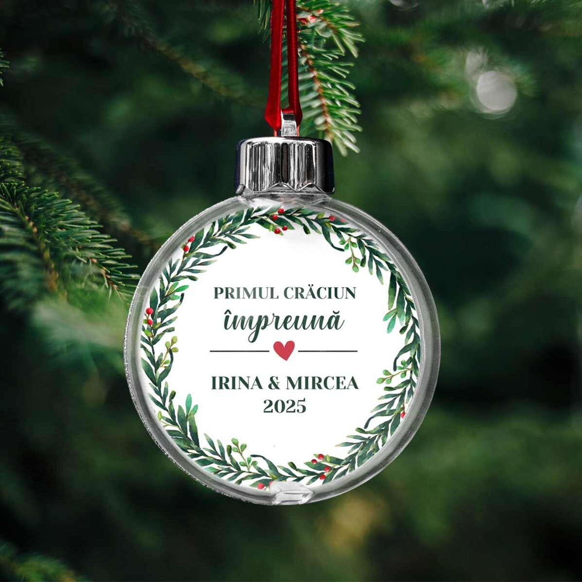 Glob transparent personalizat față-verso cu o poză și mesaj - Primul Crăciun împreună