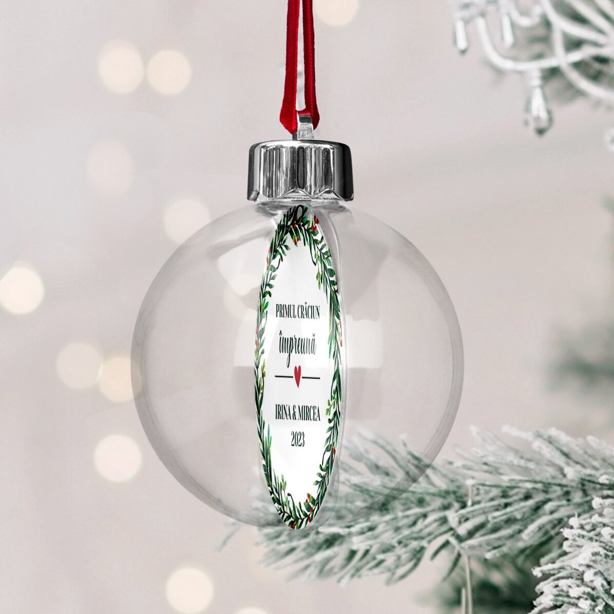 Glob transparent personalizat față-verso cu o poză și mesaj - Primul Crăciun împreună