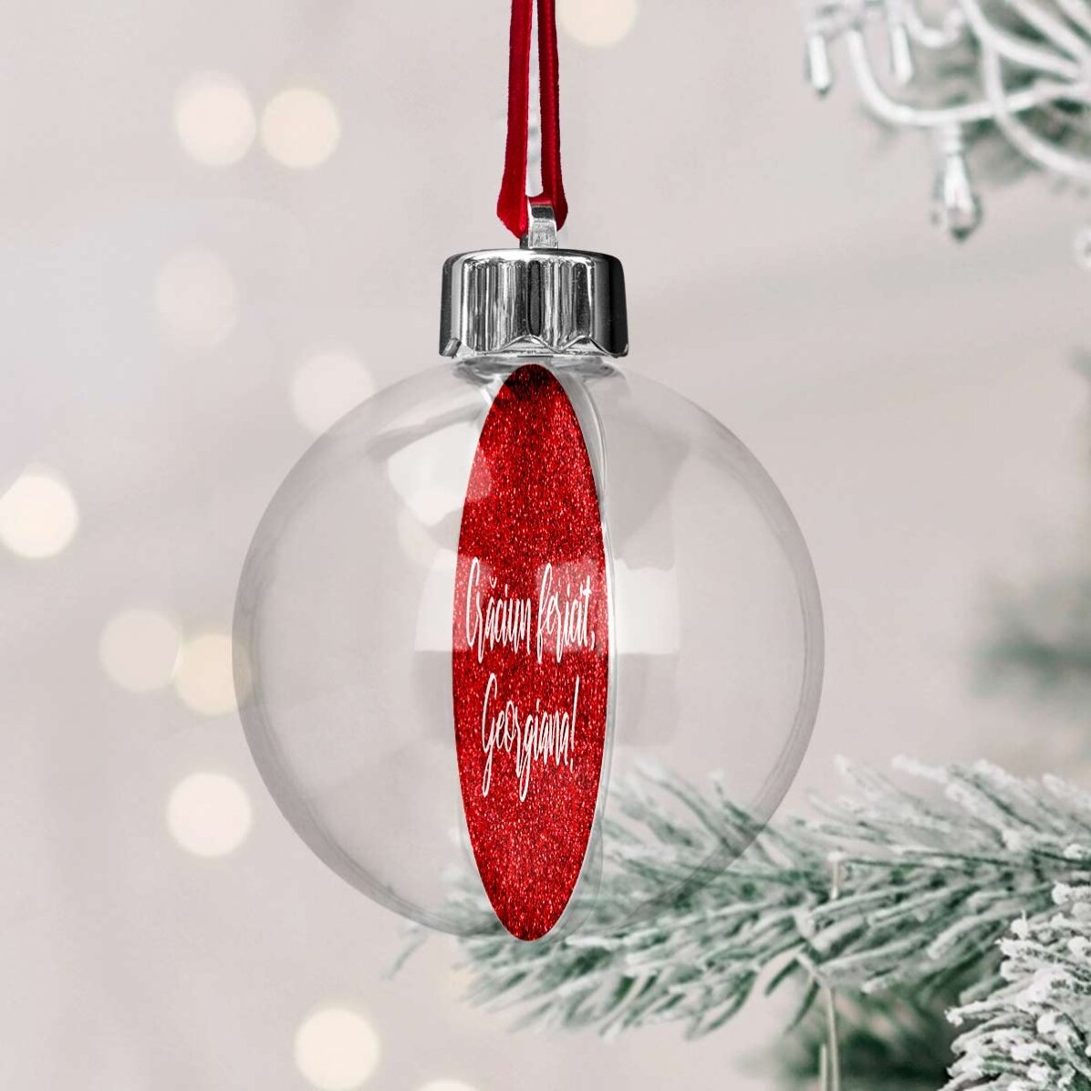 Glob transparent personalizat față-verso cu o poză și text - Crăciun fericit!