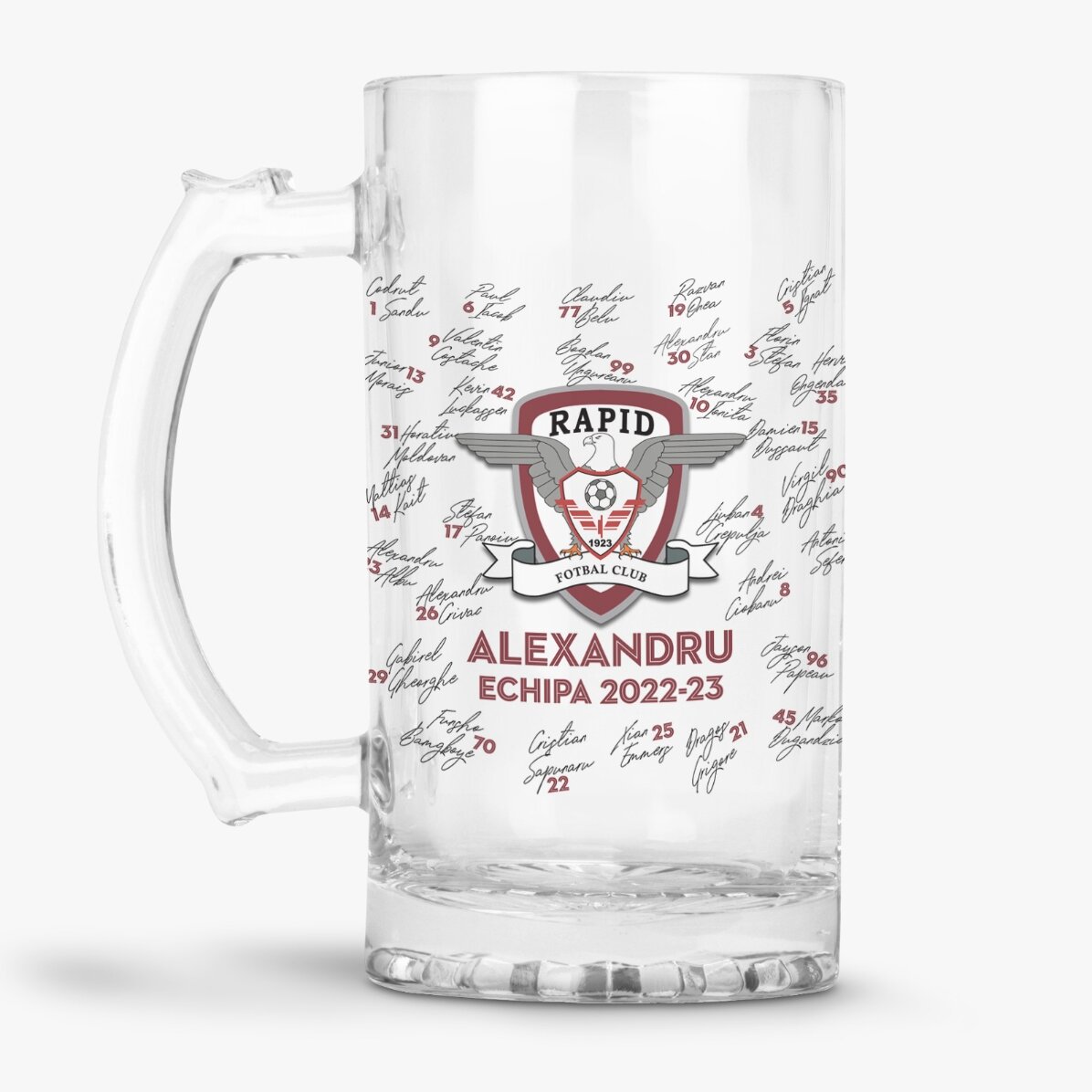 Halbă de bere FC Rapid personalizată cu text - Echipa 2022-23