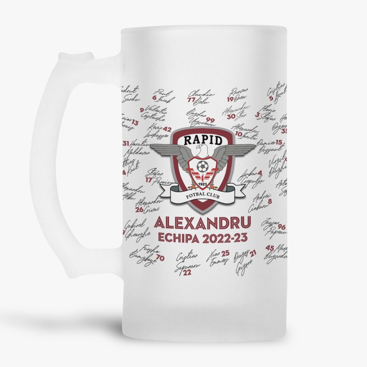 Halbă de bere FC Rapid personalizată cu text - Echipa 2022-23