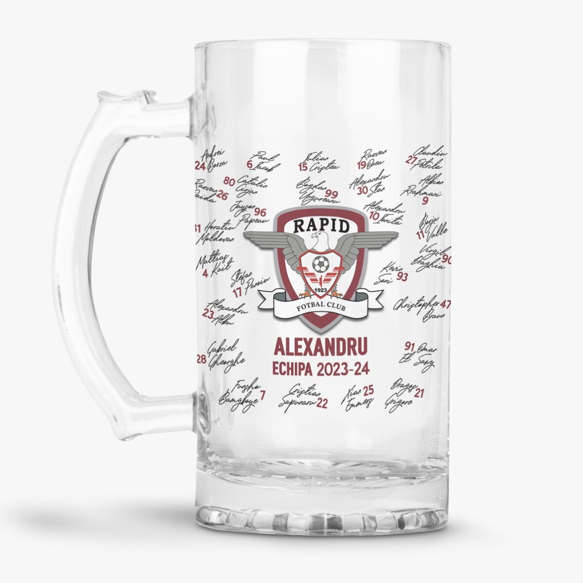 Halbă de bere FC Rapid personalizată cu text - Echipa 2023-24