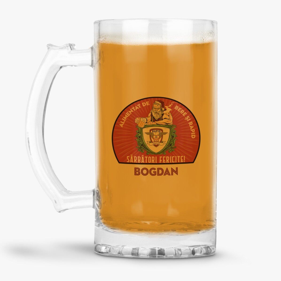 Halbă de bere FC Rapid personalizată cu text - Ediție de Crăciun