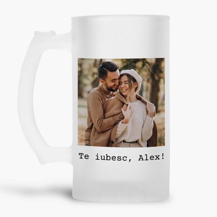 Halbă de bere personalizată cu o poză, mesaj și cod QR