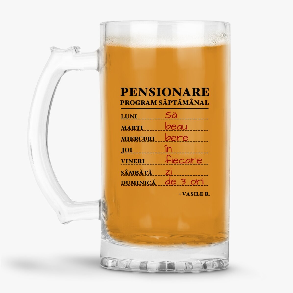 Halbă de bere personalizată cu text pentru pensionare