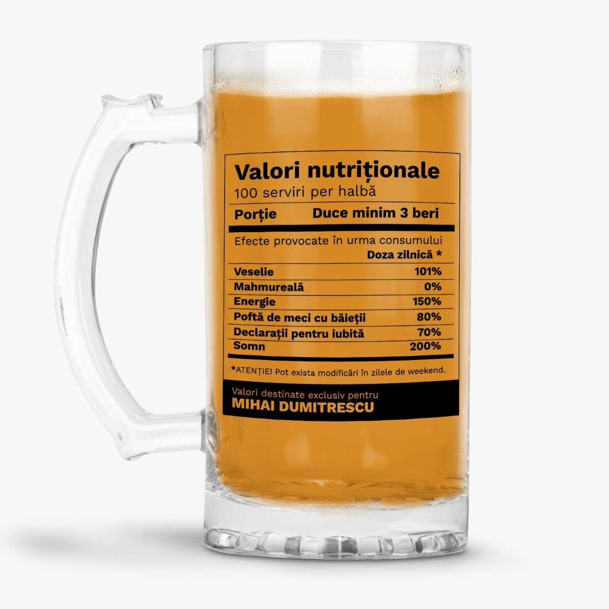 Halbă de bere personalizată cu text - Valori nutriționale amuzante