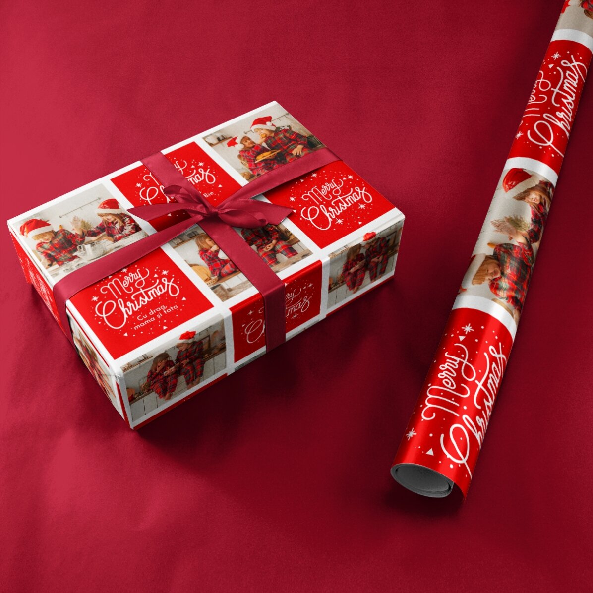 Hârtie de împachetat cadouri personalizată cu 12 poze și text - Pătrățele și mesaje de Crăciun