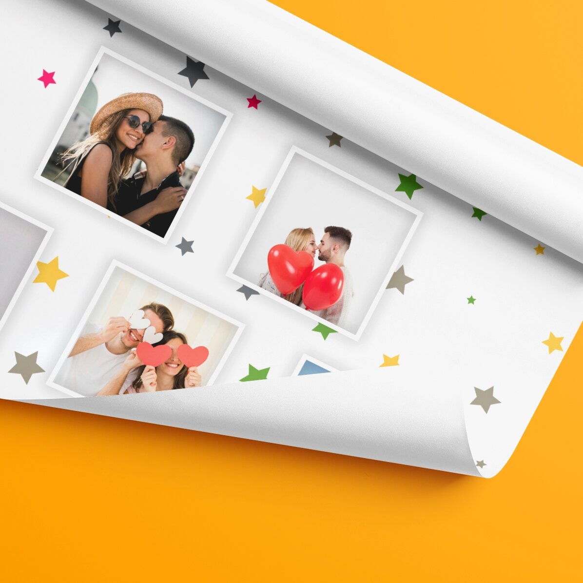 Hârtie de împachetat cadouri personalizată cu 13 poze, fundal steluțe colorate