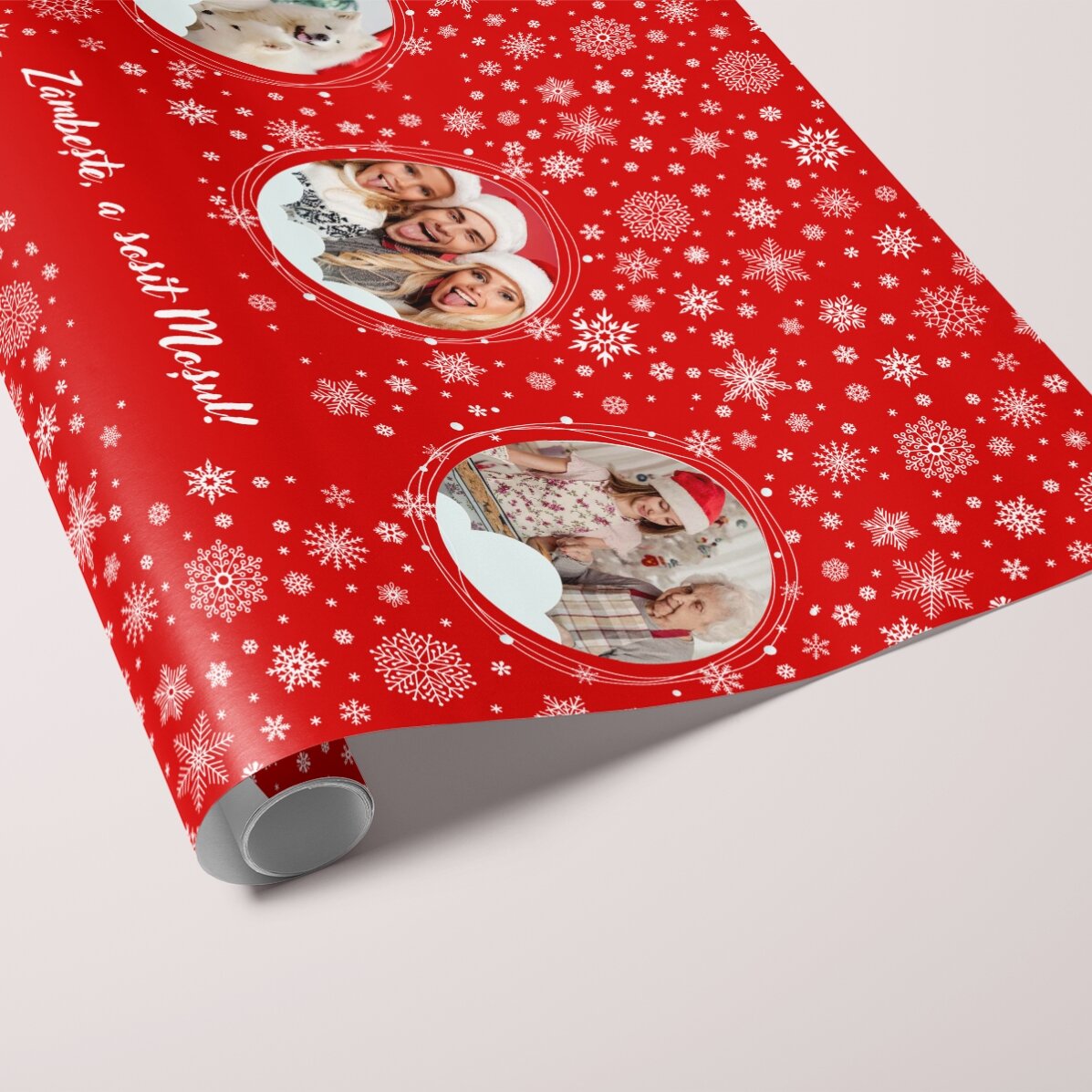 Hârtie de împachetat cadouri personalizată cu 3 poze și text - Fulgi 