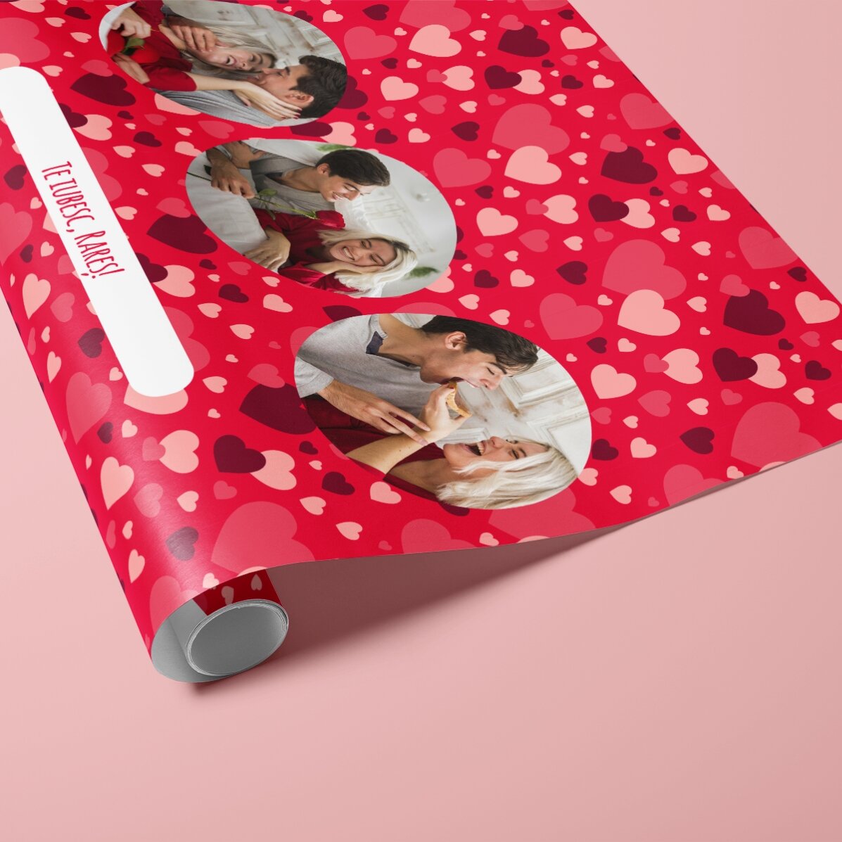 Hârtie de împachetat cadouri personalizată cu 3 poze și text - Hearts