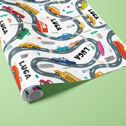 Hârtie de împachetat cadouri personalizată cu text - Mașinuțe