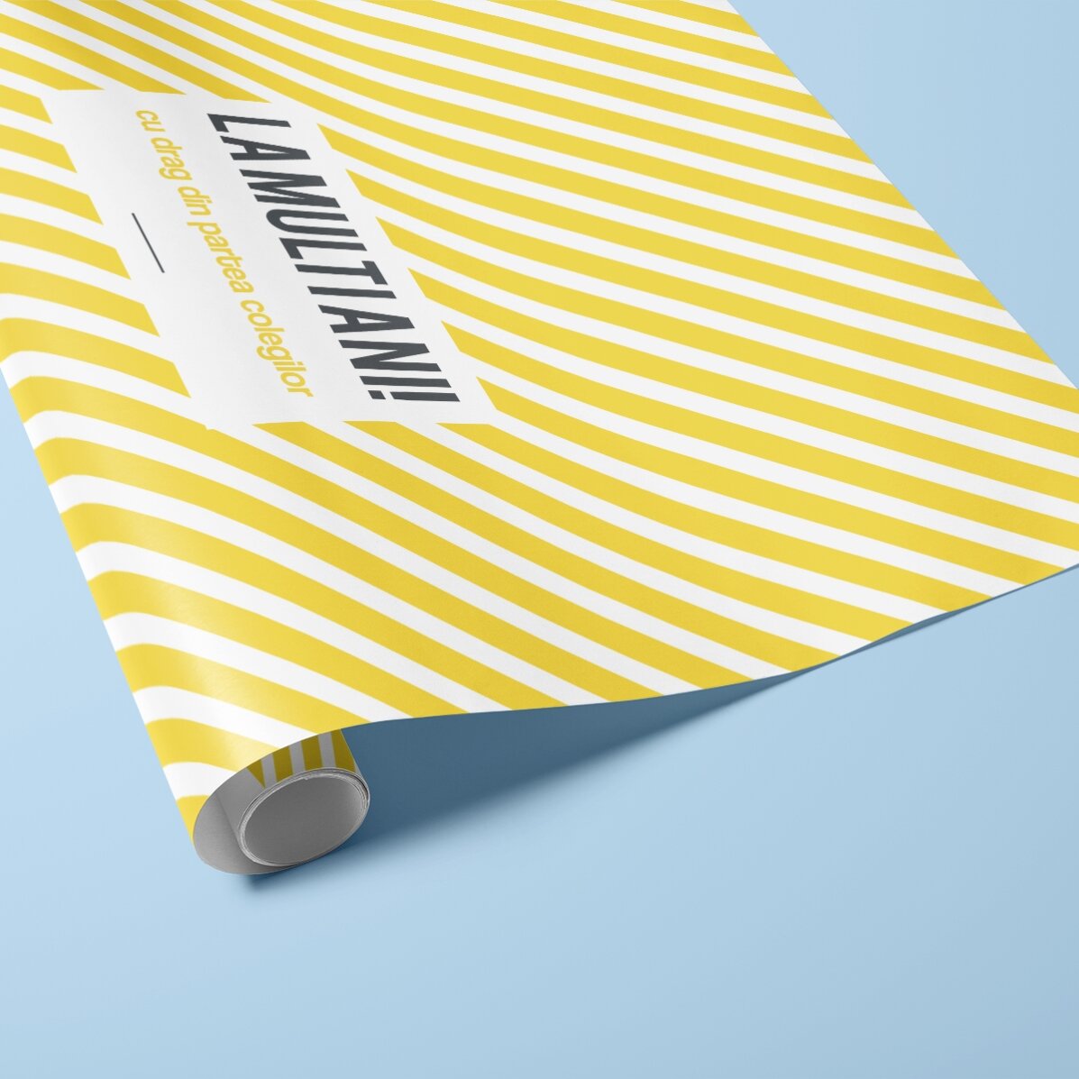 Hârtie de împachetat cadouri personalizată - model yellow stripes, cu text în chenar