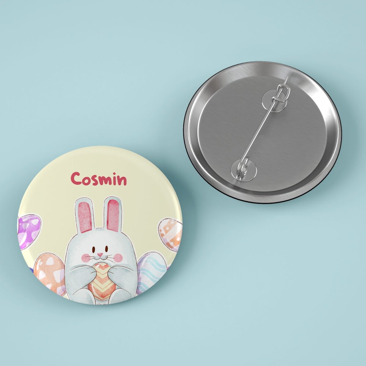 Insignă personalizată cu mesaj de Paște - Iepuraș