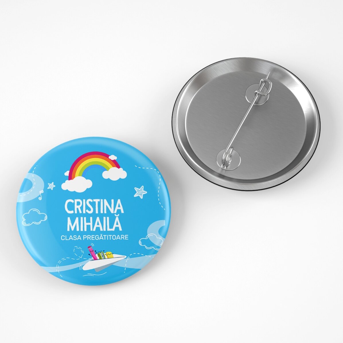 Insignă personalizată cu text pentru școală - Model curcubeu