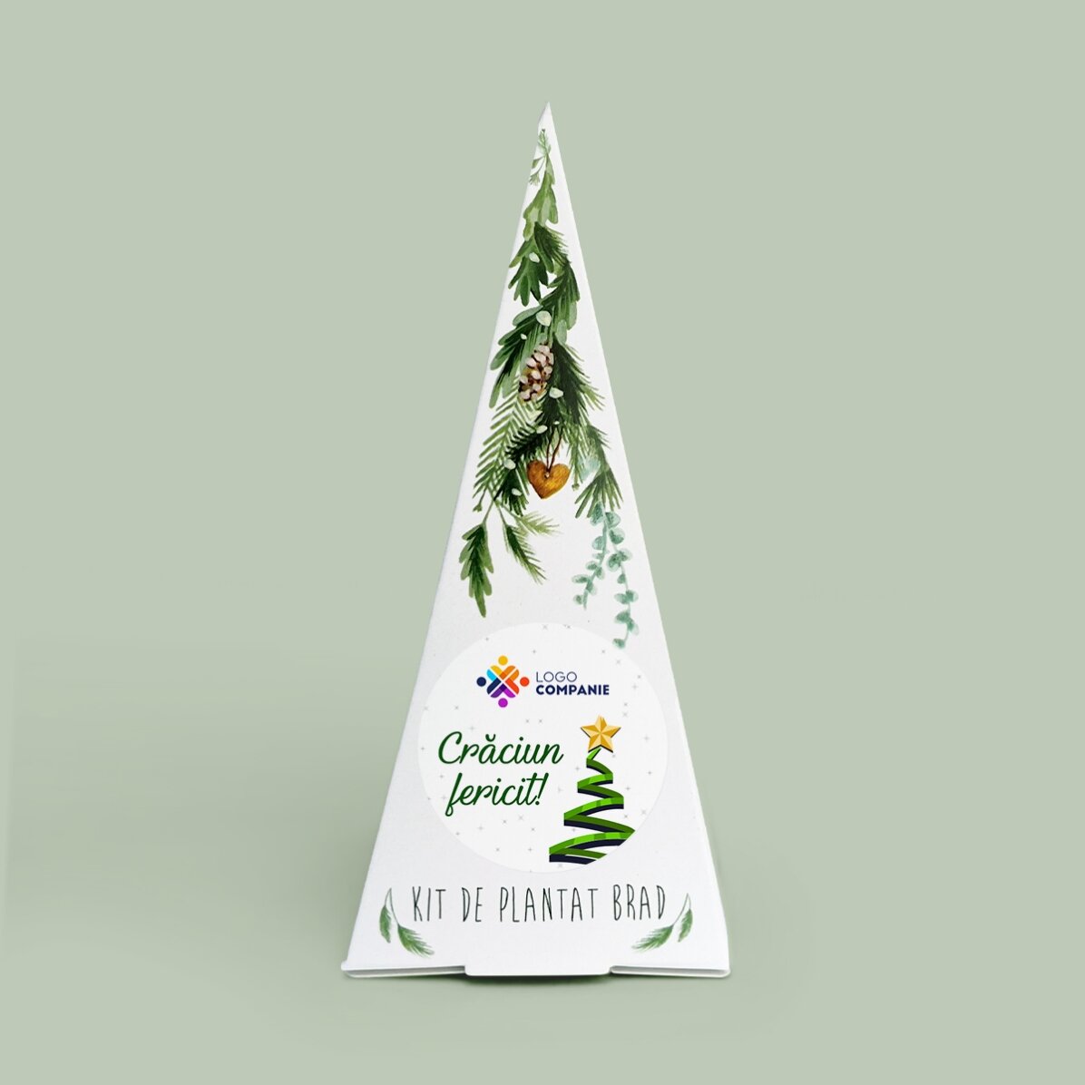 Kit de plantat brad personalizat cu logo și mesaj - Crăciun fericit