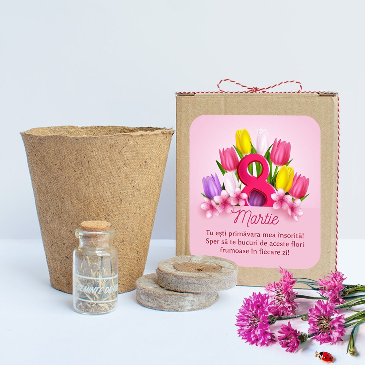 Kit de plantat flori de primăvară în cutiuță personalizată cu mesaj de 8 martie