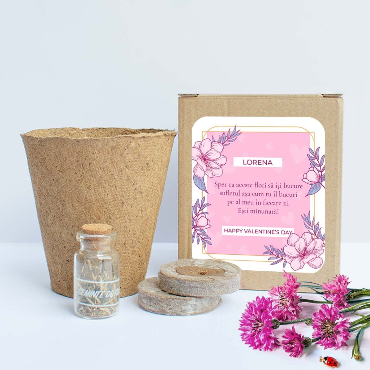 Kit de plantat flori de primăvară în cutiuță personalizată cu mesaj - Te iubesc