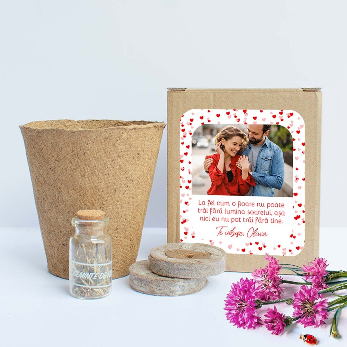 Kit de plantat flori de primăvară în cutiuță personalizată cu poză și mesaj - Love