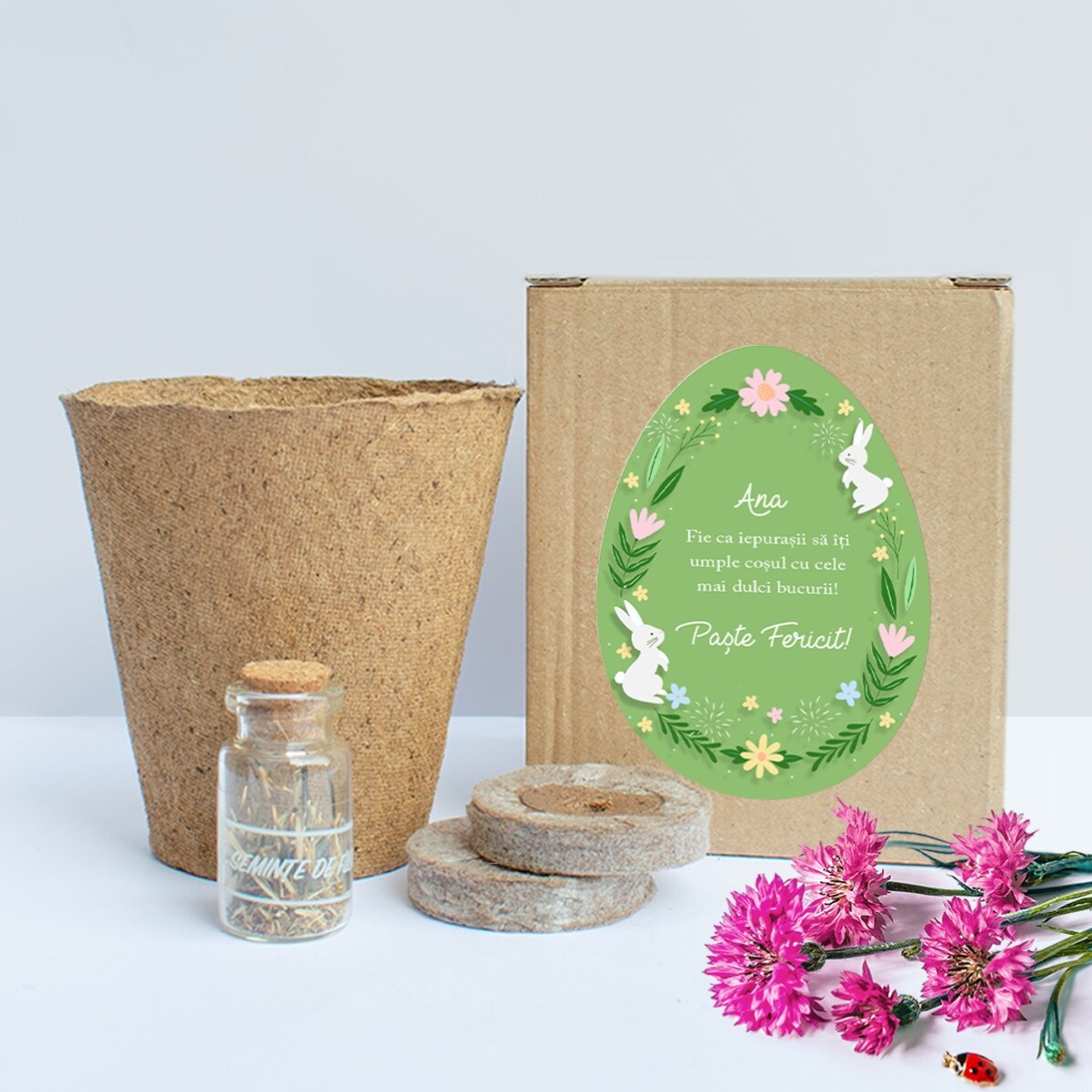 Kit de plantat flori în cutiuță personalizată cu text de Paște - Floral 