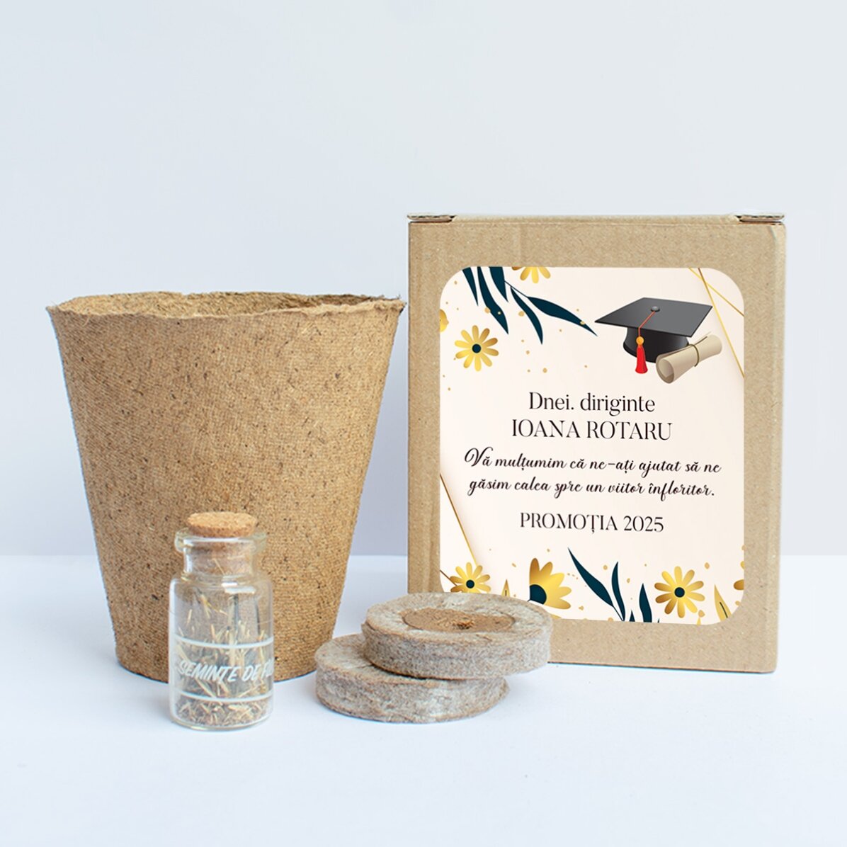 Kit de plantat flori în cutiuță personalizată cu mesaj pentru profesori - Absolvire