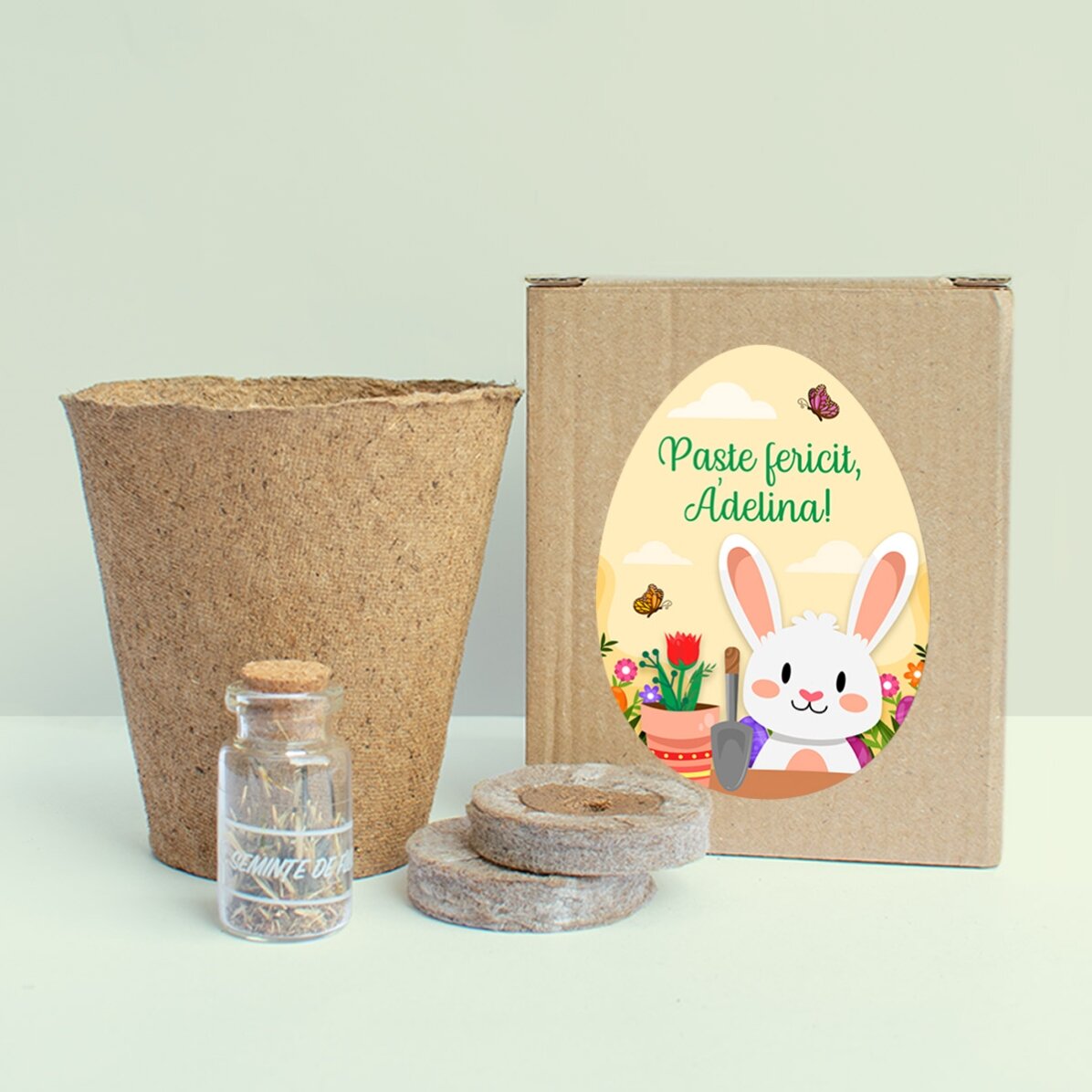 Kit de plantat flori în cutiuță personalizată cu text pentru copii - Paște
