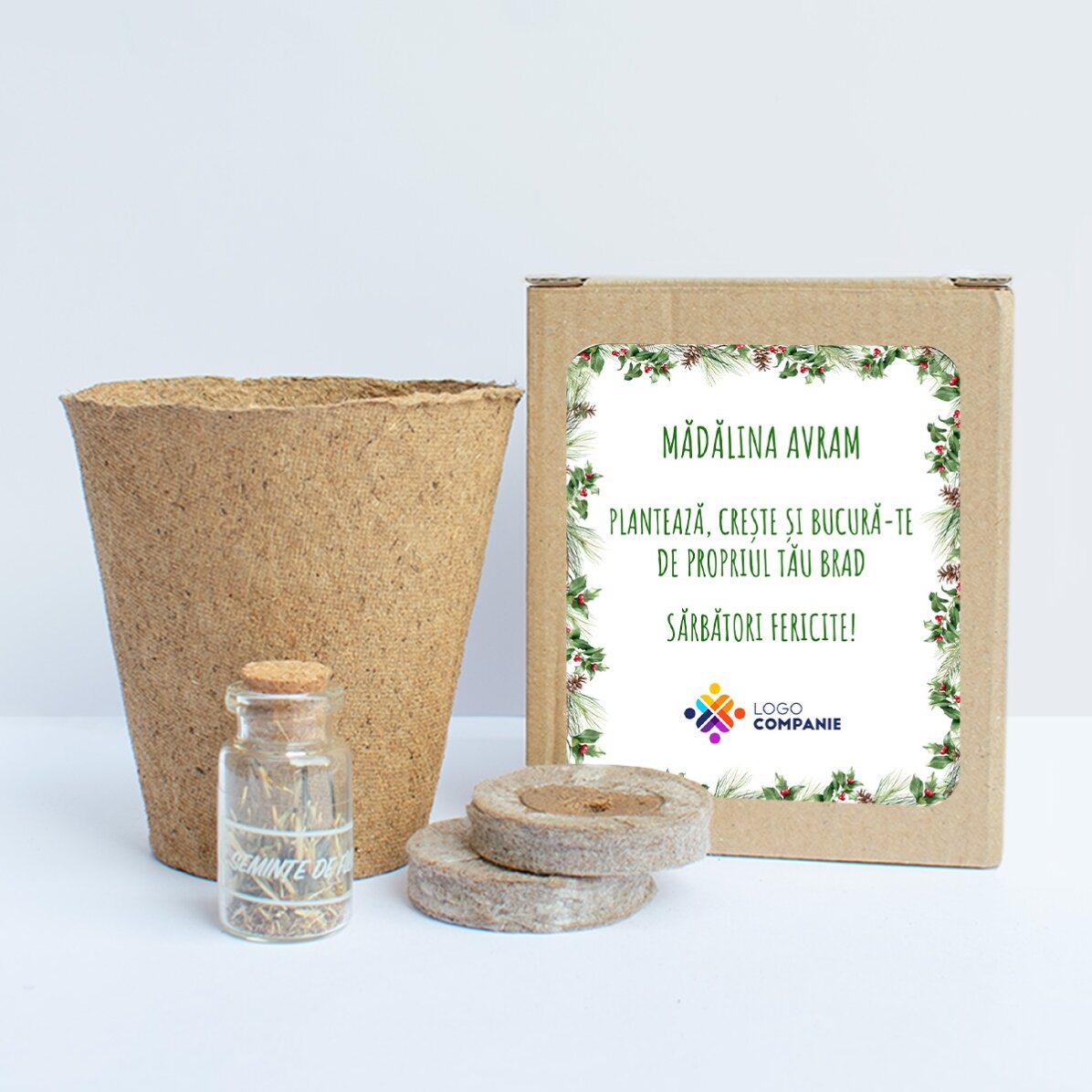 Kit de plantat semințe de brad în cutiuță personalizată cu logo și mesaj -  Crenguțe