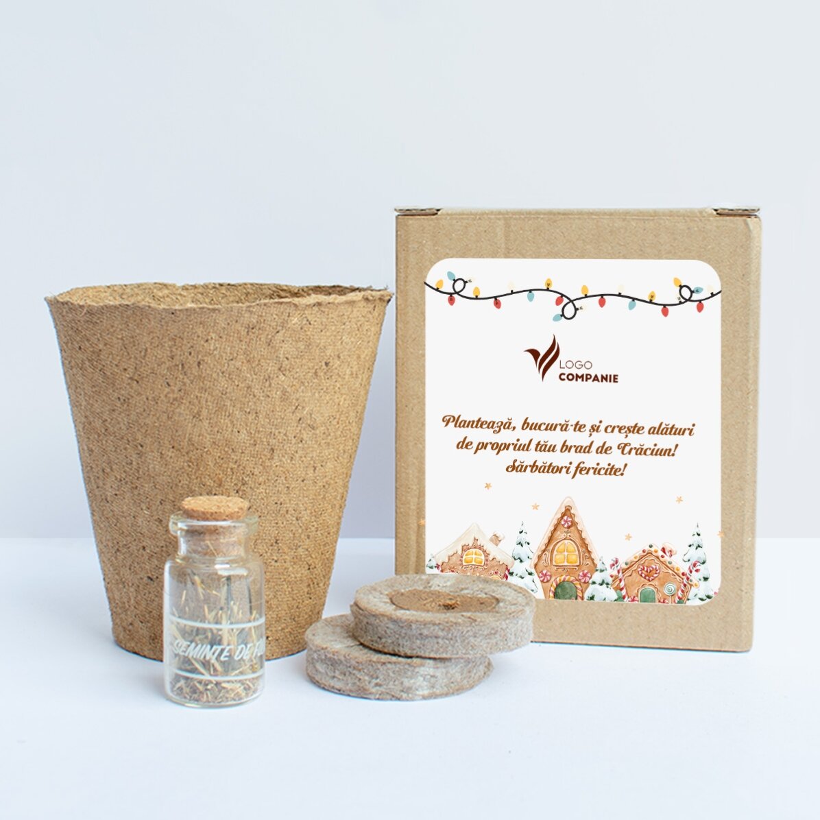 Kit de plantat semințe de brad în cutiuță personalizată cu logo și mesaj - Sărbători