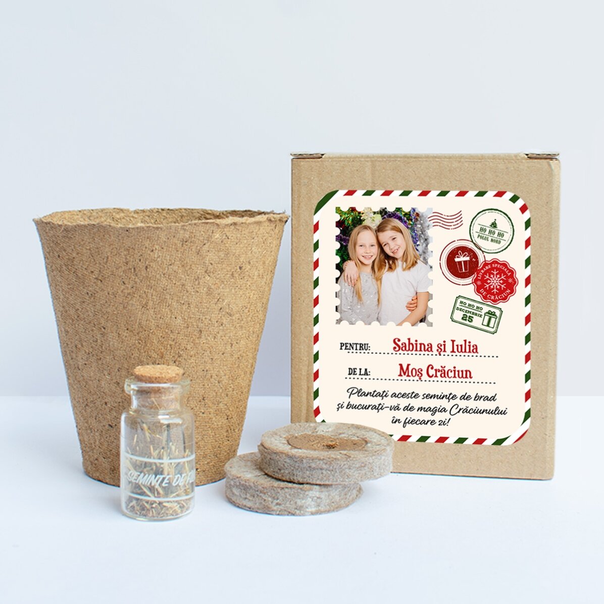 Kit de plantat semințe de brad în cutiuță personalizată cu poză și mesaj - De la Moș Crăciun