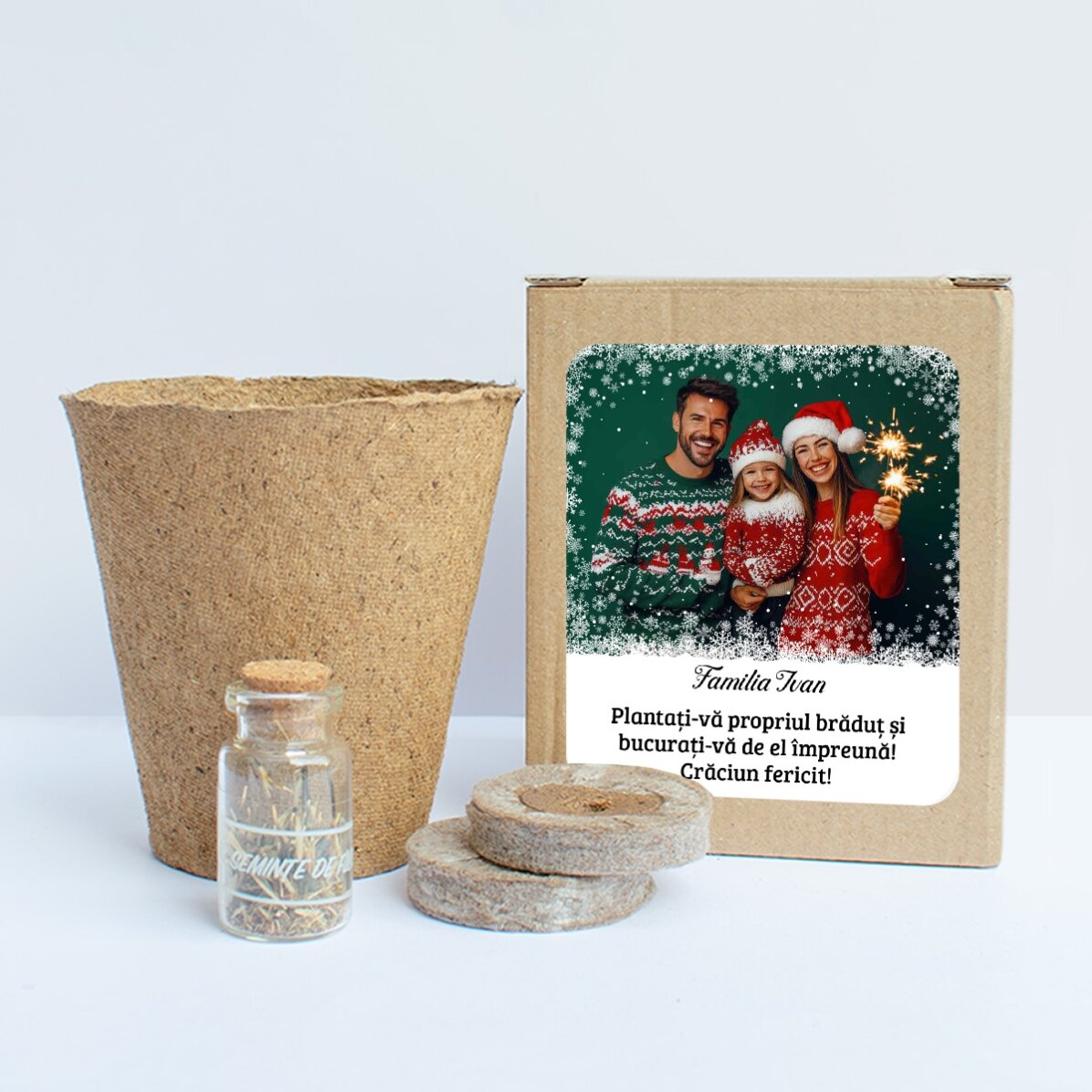 Kit de plantat semințe de brad în cutiuță personalizată cu o poză și text - Snowflakes