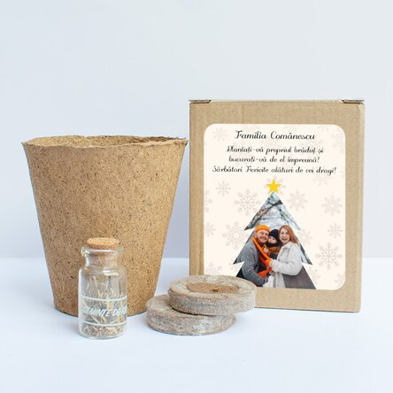 Kit de plantat semințe de brad în cutiuță personalizată cu text și poză - Brăduț