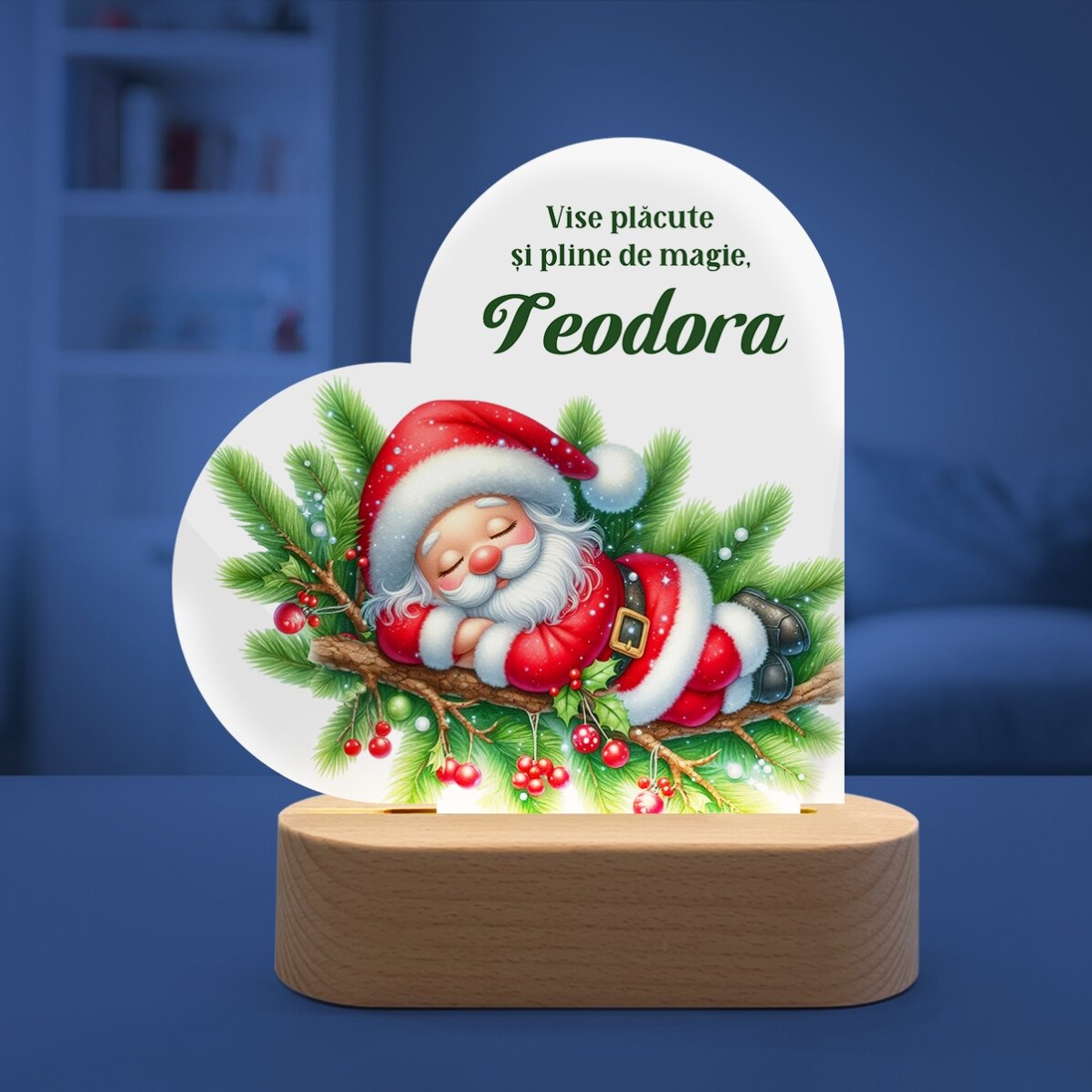 Lampă veghe LED inimă personalizată cu mesaj pentru copii - Moș Crăciun