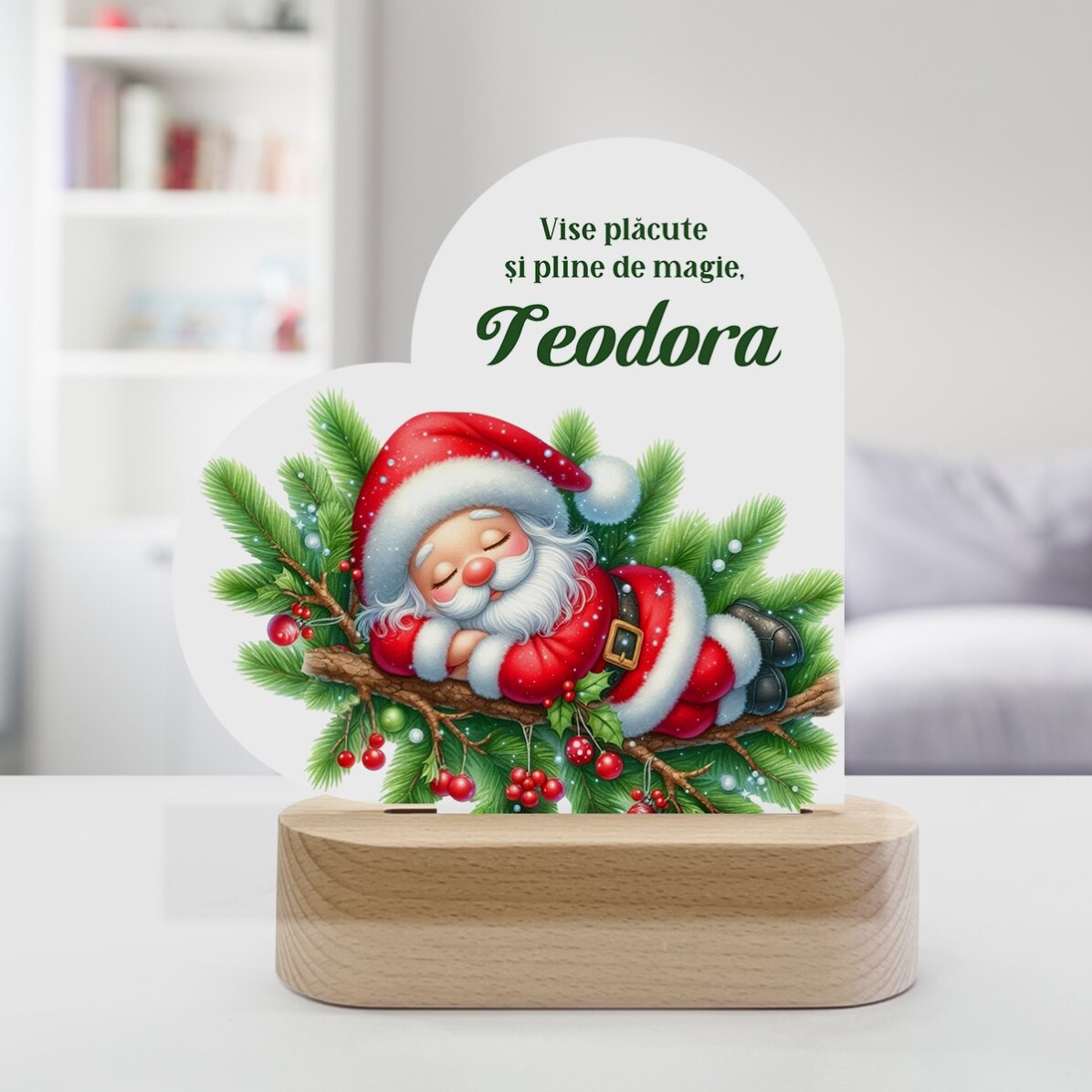 Lampă veghe LED inimă personalizată cu mesaj pentru copii - Moș Crăciun