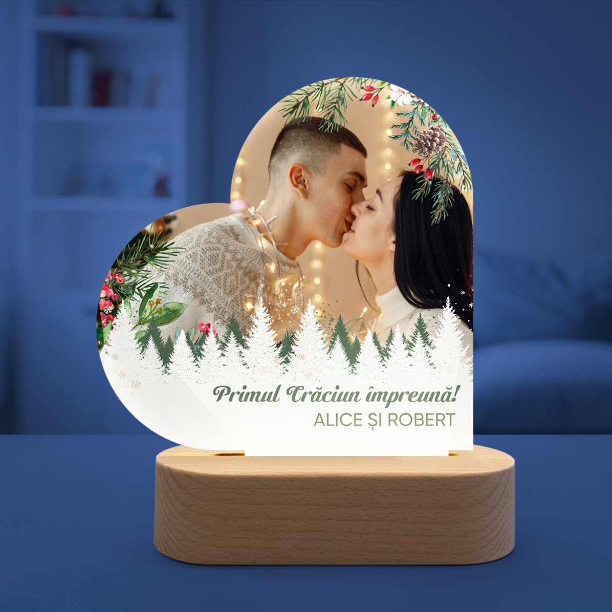 Lampă veghe LED inimă personalizată cu o poză și mesaj - Crăciun fericit