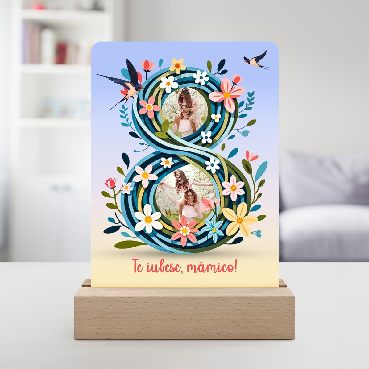 Lampă veghe LED personalizată cu 2 poze și text - 8 floral