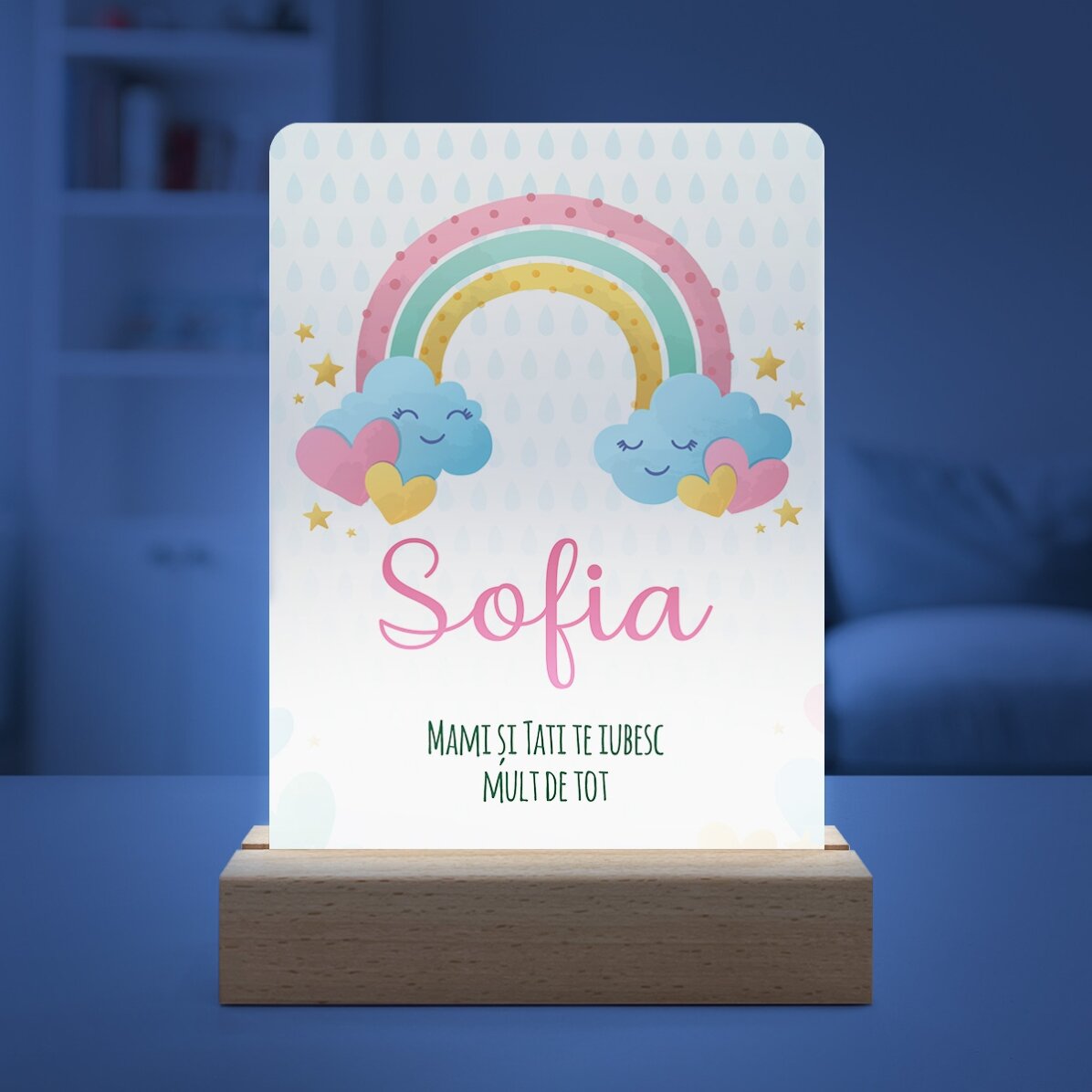 Lampă veghe LED personalizată cu nume și mesaj - Curcubeu