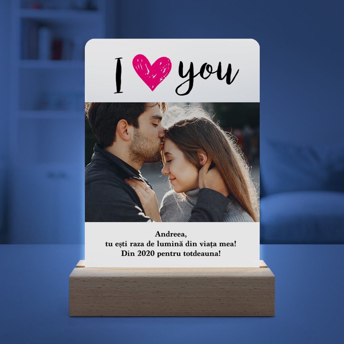 Lampă veghe LED personalizată cu o poză și mesaj - I love you