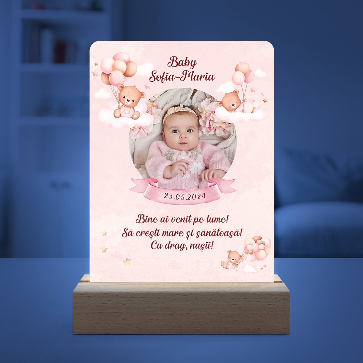 Lampă veghe LED personalizată cu poză și text - Baby Girl